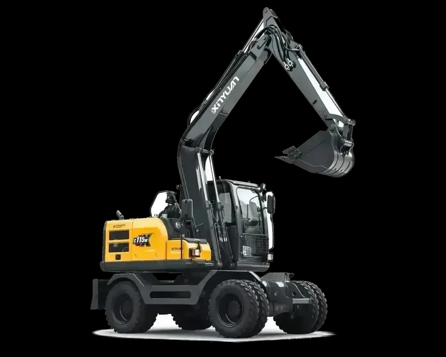 Xinyuan C115 wheeled excavator, isolated on white